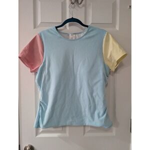 Lands End, Women's 18, Seersucker Short Sleeve Swim Top Rash Guard, Colorblock